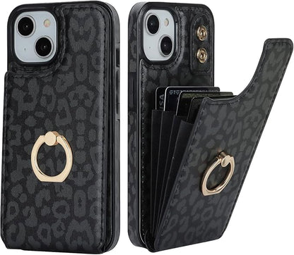 HAOPINSH for iPhone 13/ iPhone 14 Wallet Case with Card Holder, 360°Rotation Ring Kickstand, Black Leopard Cheetah Pattern, RFID Blocking Leather for Girls Women, Double Buttons Flip 6.1"
