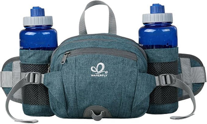 WATERFLY Fanny Pack Waist Bag: Fannie Pack 2 Water Bottle Holders Lumbar Belt Hiking Walking Running Jogging Camping Large Woman Man (Bottle Not Included)