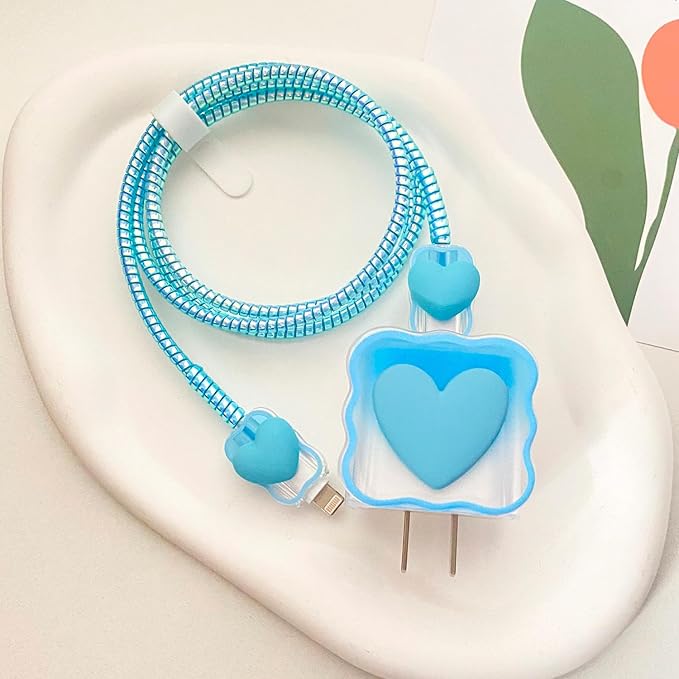 5 in 1 Soft TPU Clear Charger Protector for Apple 18W/20W Adapter, 3D Love Heart Waves Design Cable Protector Set for iPhone 11-15 Pro Max & MacBook Neo 13 A18 Pro A3404, Blue