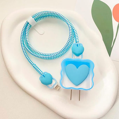 5 in 1 Soft TPU Clear Charger Protector for Apple 18W/20W Adapter, 3D Love Heart Waves Design Cable Protector Set for iPhone 11-15 Pro Max & MacBook Neo 13 A18 Pro A3404, Blue