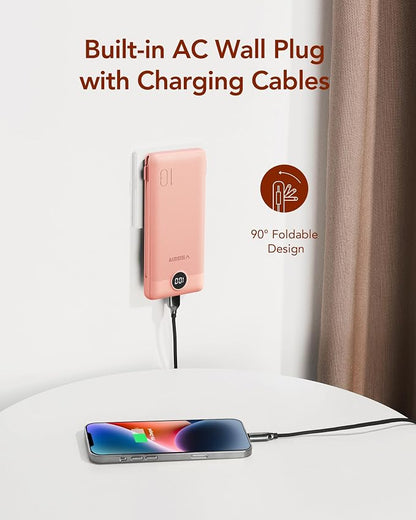 VEGER Portable Charger with Built-in AC Plug and Cables, All in One 10000mAh Ultra Slim Power Bank Travel Essentials, Fast Charging Battery Pack Compatible with iPhone, Samsung, More(Dark Pink)