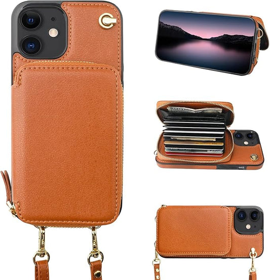 Bocasal Crossbody Wallet Case for iPhone 12/12 Pro, RFID Blocking Leather Purse Case with Card Holder, Protective Handbag Flip Cover with Zipper Wrist Strap Lanyard for Women 5G 6.1 Inch (Brown)