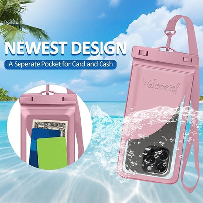 Waterproof Phone Pouch, with Interior Card Pocket, Large Waterproof Phone Case for iPhone 17 16 15 14 Pro Max, IPX8 Lightweigt Cellphone Dry Bag, Beach Cruise Ship Essentials,2 Pack-Pink-8.3″