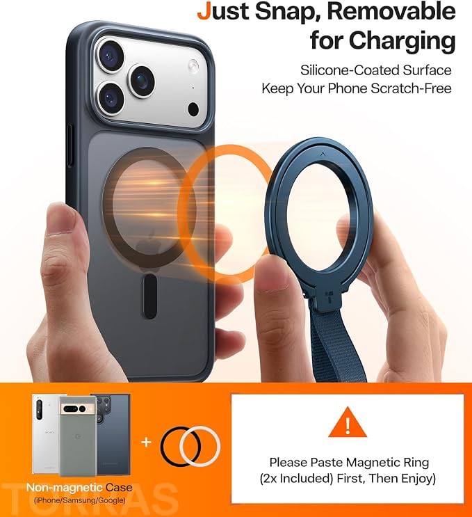 TORRAS 2025 Upgrade (Gen 6.0) Magnetic Phone Grip Holder Kickstand with Braided Strap, Fit for MagSafe Ring Removable, for iPhone 17 16,15, 14, 13 12 Samsung Galaxy, Google, Ostand Ring, Navy Blue