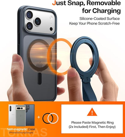 TORRAS 2025 Upgrade (Gen 6.0) Magnetic Phone Grip Holder Kickstand with Braided Strap, Fit for MagSafe Ring Removable, for iPhone 17 16,15, 14, 13 12 Samsung Galaxy, Google, Ostand Ring, Navy Blue