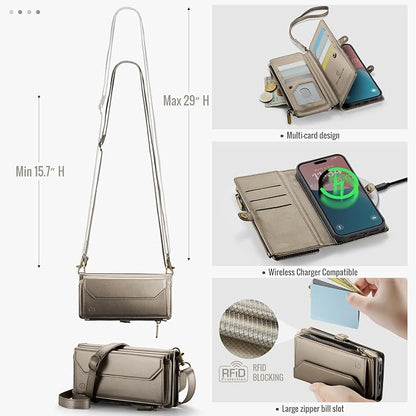Strapurs Wallet Case Compatible with iPhone 16 Plus 6.7" RFID Blocking 10-Card Holder Soft PU Leather Magnetic Snap Shoulder Strap Zipper Pocket Phone Case Fit for iPhone 16 Plus - Desert Titanium