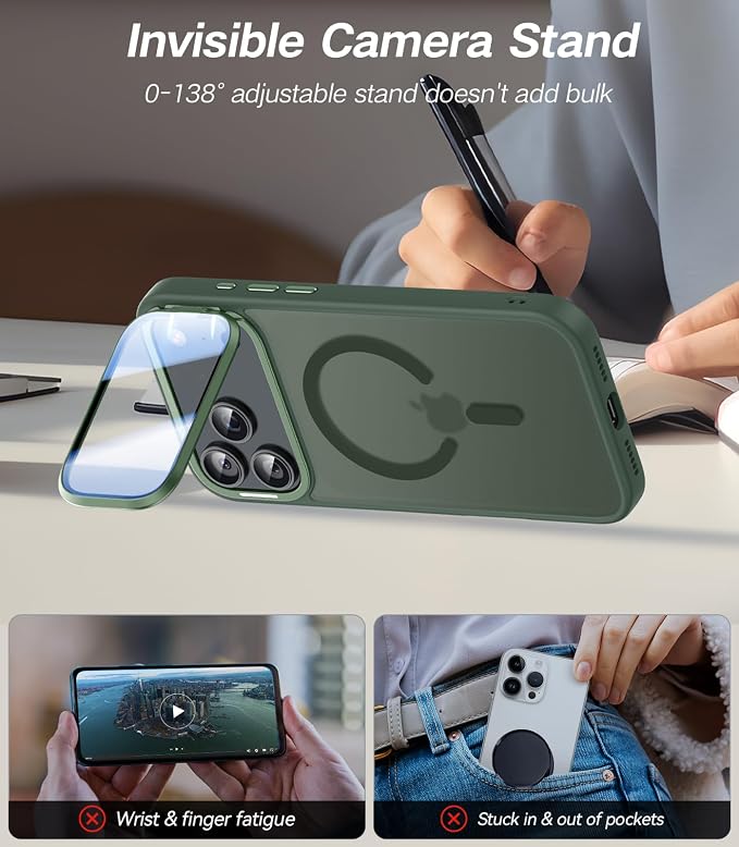 [Upgraded Full Camera Protection] for iPhone 17 Pro Max Case with Camera Cover Stand [Fit for MagSafe][10FT Mil-Grade Protection] Translucent Magnetic iPhone 17 Pro Max Phone Case, Green