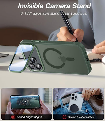 [Upgraded Full Camera Protection] for iPhone 17 Pro Case with Camera Cover Stand [Fit for MagSafe][10FT Mil-Grade Protection] Translucent Magnetic iPhone 17 Pro Phone Case, Green