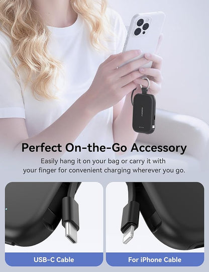 RORRY CharmGo Portable Charger, 5000mAh Portable Charger Power Bank with Built-in Cables, Travel Keychain Charger Battery Pack for iPhone 17/16/15/14/13/12, for AirPods 2/3/4/Pro, Black