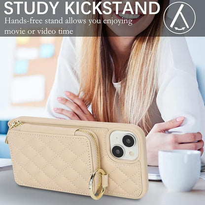 Crossbody Wallet Case for iPhone 14 Plus, PU Leather Zipper Handbag Purse Flip Cover, Kickstand Folio Case with Card Slots Holder Wrist Strap Lanyard 5G 6.7 Inch-White