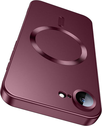 Magnetic for iPhone 17e Case/iPhone 16e Case [Compatible with MagSafe][Built-in Camera Lens Protector] Slim Soft Silicone Bumper Shockproof Metallic Luster 17e Phone Case (Burgundy)