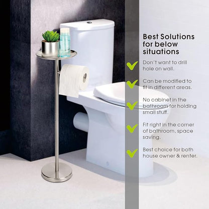 Standing Toilet Paper Holder, TP Holder with Practical Tray On Top for Phone, No Drill No Damage to Wall, Stainless Steel (Brushed Nickel)