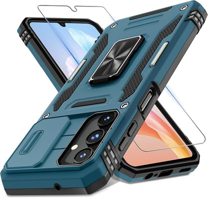 DEERLAMN Case for Samsung Galaxy A15 5G with Slide Camera Cover+Screen Protector (1 Pack), Rotated Ring Kickstand Military Grade Shockproof Protective Cover-Light Blue