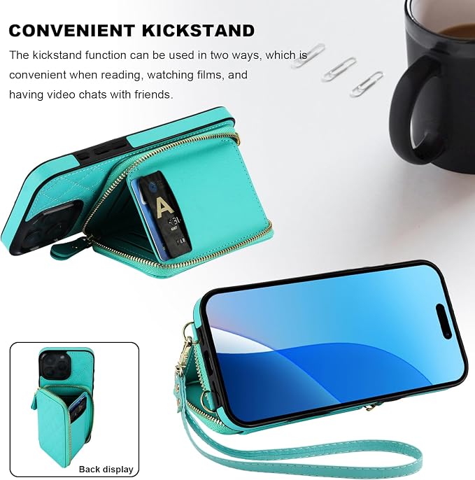 Bocasal Crossbody Wallet Case for iPhone 16 Pro Max, RFID Blocking PU Leather Zipper Handbag Purse Flip Cover, Kickstand Folio Case with Card Slots Holder Wrist Strap Lanyard 5G 6.9 Inch (Mint Green)