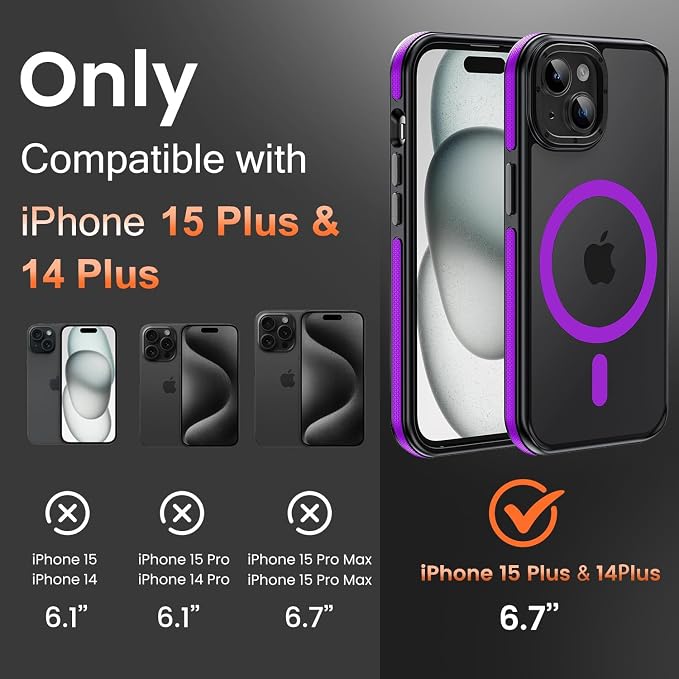 3 in 1 for iPhone 15 Plus Case with MagSafe, Screen Protector*1 Shockproof Guard Corners,Military-Grade Protection for iPhone 15 Plus Phone Case 6.7 inch Purple Bumper