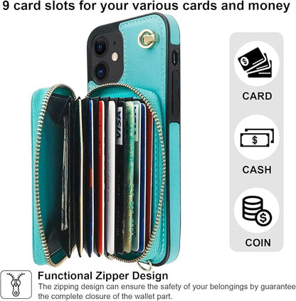Bocasal Crossbody Wallet Case for iPhone 12/12 Pro, RFID Blocking Leather Purse Case with Card Holder, Protective Handbag Flip Cover with Zipper Wrist Strap Lanyard for Women 5G 6.1 Inch (Mint Green)
