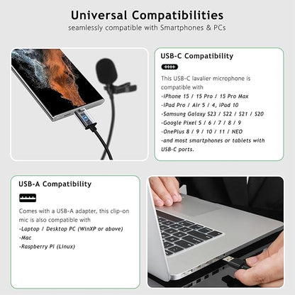 USB C Lavalier Microphone, Omni Condenser Clip-on Mic for iPhone 17/16/15, Samsung, Google, Oneplus, with USB-A for Computer & Laptop, 6.6FT, External Lapel Mic for Youtube, Interview & Podcast