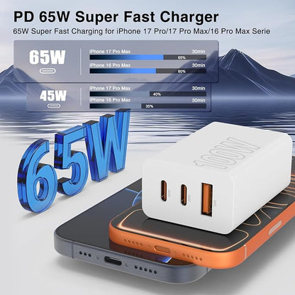65W Super Fast Charger USB C for iPhone 17 16 15 Pro Max,2Pack 100W [65W Max] 3-Port USB C Wall Charger Block & 3/6/10/10FT Braided Type C Cord for iPhone 17,MacBook iPad for Samsung Galaxy S26 Ultra
