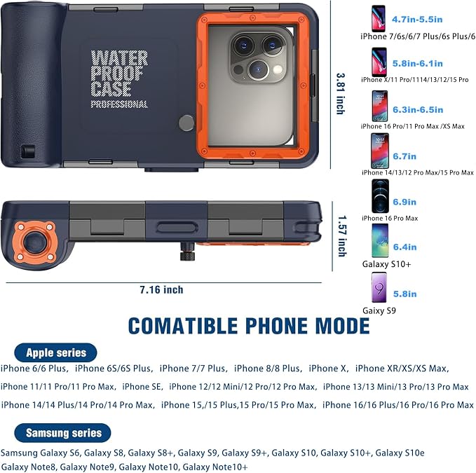 𝟐𝟎𝟐5 Underwater Snorkeling Diving Phone Case for Phone 16/15/14/13/12/11 Pro Max/XR/XS/X Galaxy S8/S9/S10.[50ft/15m] Professional Scuba Dive Waterproof Case Underwater Photo Video Blue