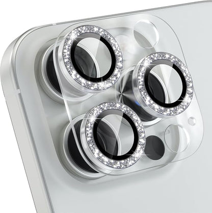 Choiche Compatible for iPhone 16 Pro/iPhone 16 Pro Max Camera Lens Protector, Bling Camera Cover with 9H Tempered Glass Lens Screen Protector Metal Ring Decoration Accessories(Clear-Silver)