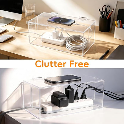 Cable Organizer Storage Box with Lid - Phone Charger Clear Organizer Case for Desk, Wire Organizers for Cords & Power Strips, Electronic Storage Box for Drawer Office Home - Transparent Acrylic