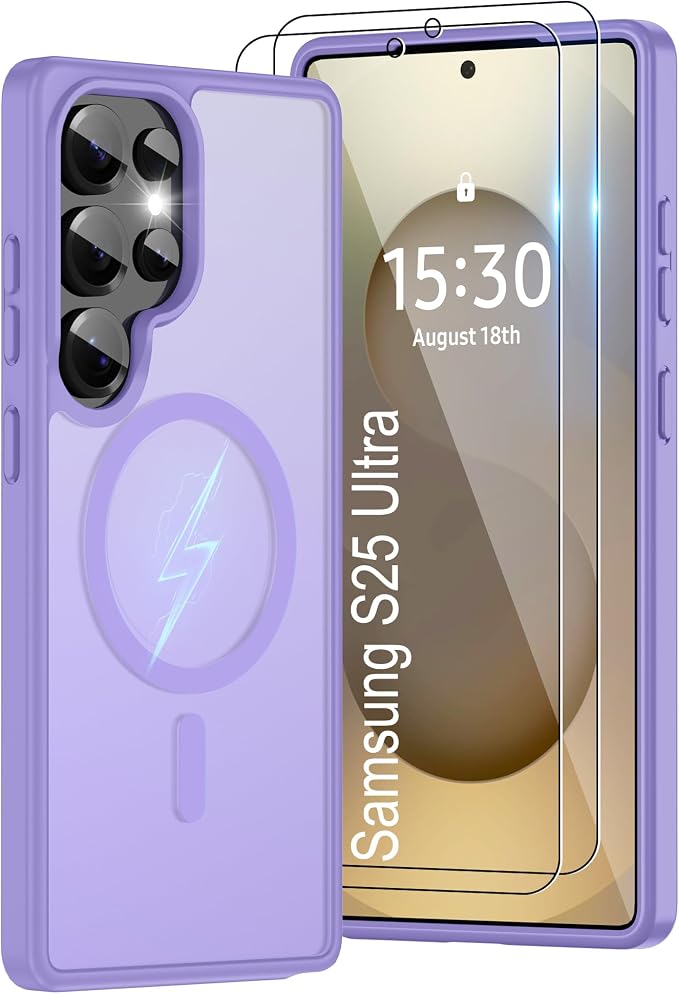 For Samsung Galaxy S25 Ultra Case [Compatible with Magsafe] Translucent Matte Magnetic Phone Case,Slim Thin Duty Shockproof Protection Cover with 2pc Screen Protector for S25 Ultra-Light purple