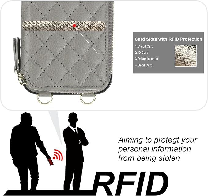 Bocasal Crossbody Wallet Case for iPhone 16 Pro, RFID Blocking PU Leather Zipper Handbag Purse Flip Cover, Kickstand Folio Case with Card Slots Holder Wrist Strap Lanyard 5G 6.3 Inch (Grey)