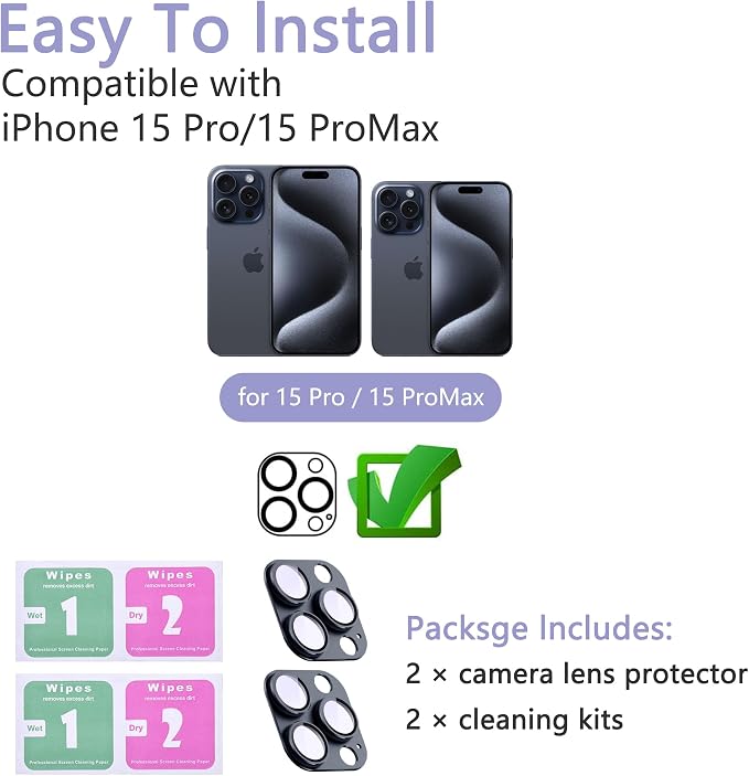 2 Pack Camera Lens Protector for iPhone 15 Pro/15 Pro Max,Metal AR Tempered Glass Rear Camera Screen Cover,Anti-Scratch,Strong Adsorption,Case Friendly, Easy to Install-Inky Blue