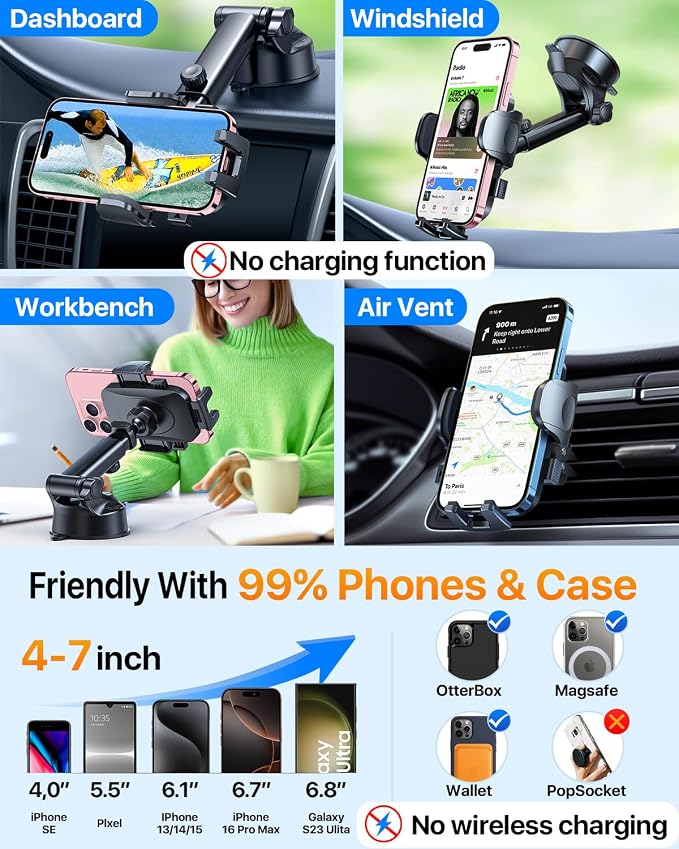 HTU 2026 Upgraded [True Military-Grade] Car Phone Holder【Safety Certs & No Smell】 Cell Phone Holder for Car Mount for Dashboard Windshield Air Vent Long Arm Thick Case,Red