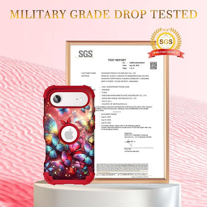 Hocase for iPhone Air Case 6.5", Heavy Duty Shockproof Protection Soft Silicone Rubber+Hard Plastic Bumpers Hybrid Protective Case for iPhone Air 2025 - Shimmering Butterflies in Red