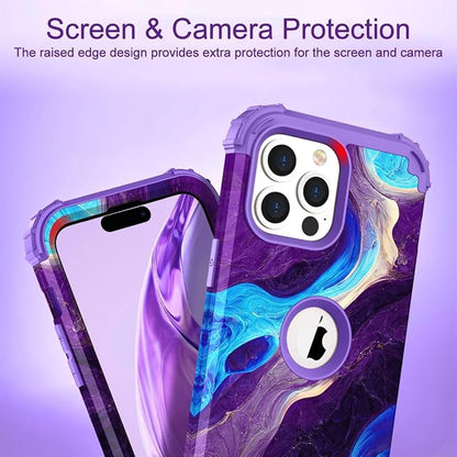 Hocase for iPhone 15 Pro Max Case, Heavy Duty Shockproof Protection Soft Silicone Rubber Bumper+Hard Plastic Hybrid Protective Case for iPhone 15 Pro Max 6.7" 2023 - Blue Purple Marble