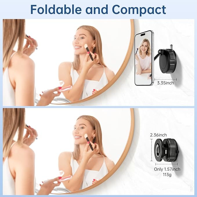 Vacuum Magnetic Shower Phone Holder for Mirror/Tile/Glass/Wood, 360° Adjustable Mirror Phone Holder for Shower/Bathroom/Office/Car with Suction Cup, Shower Phone Mount for iPhone MagSafe and Android