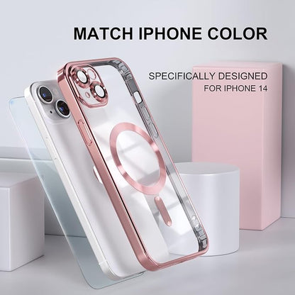 Misea Magnetic for iPhone 14 Case Compatible with MagSafe [Never Yellowing] [Military Grade Drop Protection] Full Camera Lens Protector Plating Soft Clear Phone Case for Women Girls, Pink
