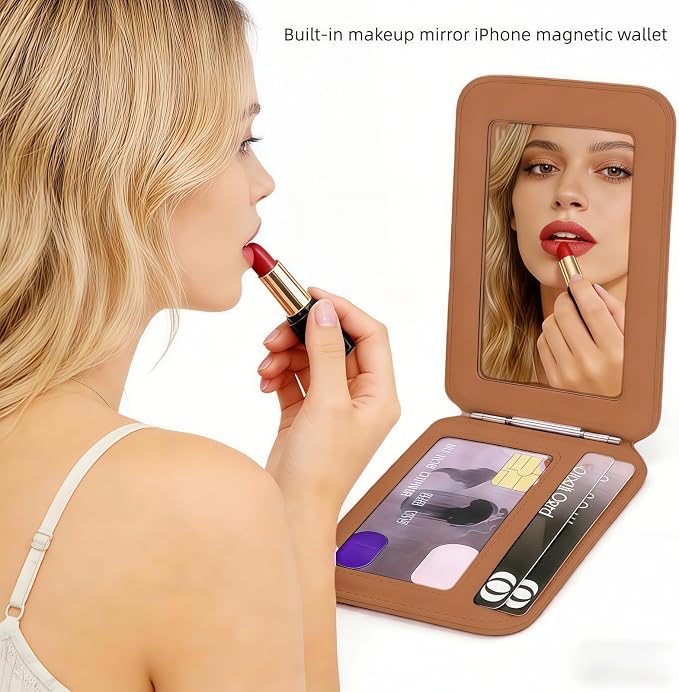 Upgraded for Magsafe Wallet, Strong Magnetic Phone Wallet with Adjustable Stand, Built in Makeup Mirror, 5 Card Holder, Rfid Blocking(Brown fold)