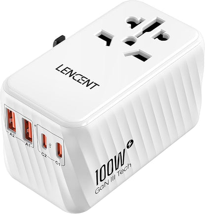 LENCENT Universal Travel Adapter, 100W GaN International Fast Charger | with 2 PD3.0 Type C+2 USB A, Worldwide Power Adaptor for Phones,Laptops, All in One Travel Essentials for EU/USA/UK/AU, White