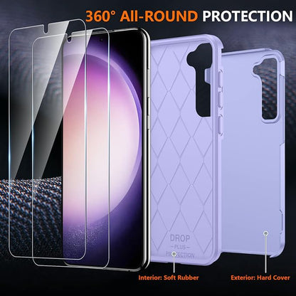 SPIDERCASE Designed for Samsung Galaxy S23 Case, [10 FT Military Grade Drop Protection], 2 Pack [Tempered Glass Screen Protector+Camera Lens Protector] Heavy Duty Shockproof Case, Light Purple
