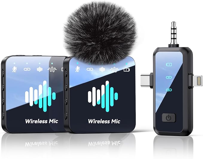 Wireless Lavalier Microphone for iPhone: Mini Microphone Noise Reduction - 328ft Transmission & 20H Battery Life for Video Recording, 3-in-1 Universal Camera & Android, Deep Grey