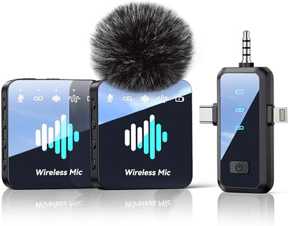 Wireless Lavalier Microphone for iPhone: Mini Microphone Noise Reduction - 328ft Transmission & 20H Battery Life for Video Recording, 3-in-1 Universal Camera & Android, Deep Grey