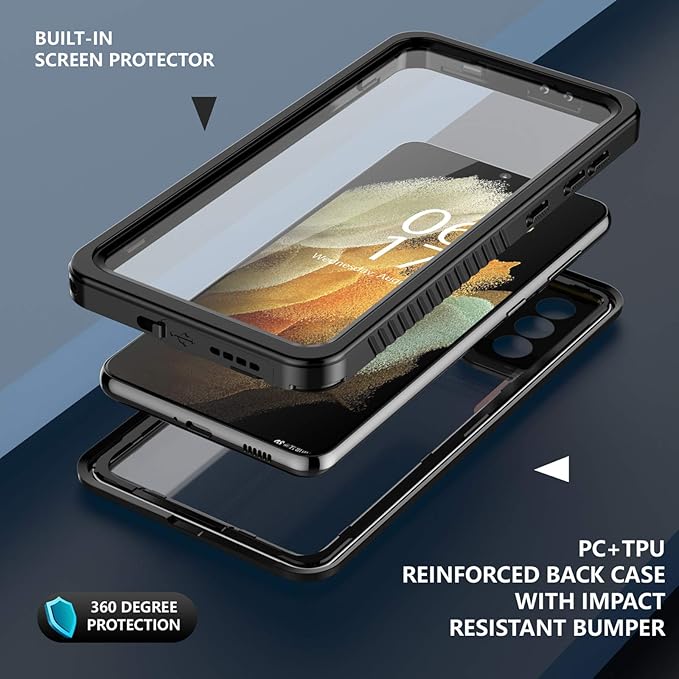 Oterkin for Samsung Galaxy S21 Waterproof Case with Built-in Screen Protector Dustproof Shockproof 360 Full Body Underwater Case for Samsung S21 5G 6.2inch (2021) Black