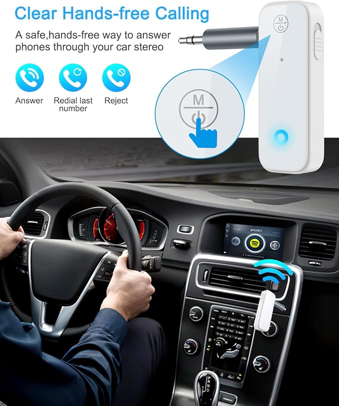 Aux Bluetooth Adapter for Car, 2 in 1 Wireless Bluetooth 5.3 Transmitter Receiver, Built-in Mic Hands-Free Calls Crystal Clear Sound, for Cars Headphones Home Stereo, White