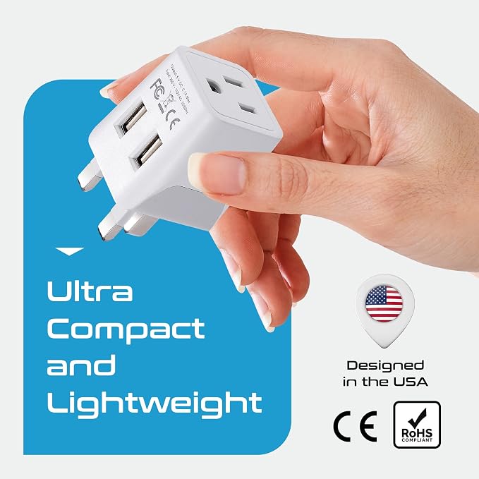 Ceptics Type G Travel Adapter - Canada to UK, Ireland & UAE Grounded Plug Adapter with Dual USB Ports for Electronic Devices (CTU-7) | UK Plug Adapter for Travel, UK Adapters for Travel from USA & Canada, Grounded Charger Adapter for Phones & Electronics