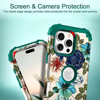Hocase for iPhone 16 Pro Case 6.3", Heavy Duty Shockproof Protection Soft Silicone Rubber+Hard Plastic Bumpers Hybrid Protective Case for iPhone 16 Pro 2024 - Teal Flowers