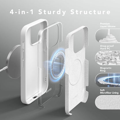 GONEZ for iPhone 14 Pro Case, Compatible with Magsafe, with Screen Protector + Camera Lens Protector, Soft Anti-Scratch Microfiber Lining, Shockproof Liquid Silicone Phone Cover, White