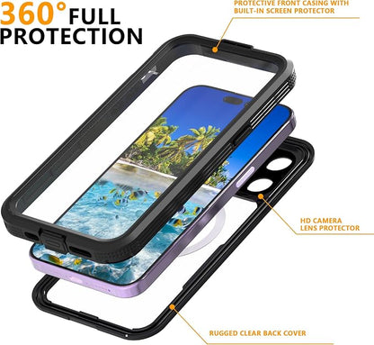Compatible with iPhone 15 Pro 5G Waterproof Case 6.1 Inch, IP68 Protective with Magsafe, Camera/Lenses/Screen Protector, with Lanyard, Rugged Full Body Shockproof Cover Fundas Black-Clear
