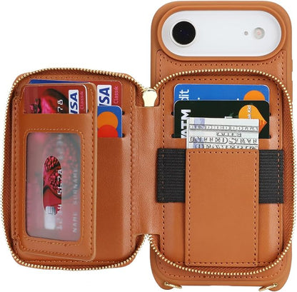 Crossbody Wallet Case for iPhone Air, PU Leather Zipper Handbag Purse Flip Cover, Kickstand Folio Case with Card Slots Holder Wrist Strap Lanyard 5G 6.5 Inch-Brown