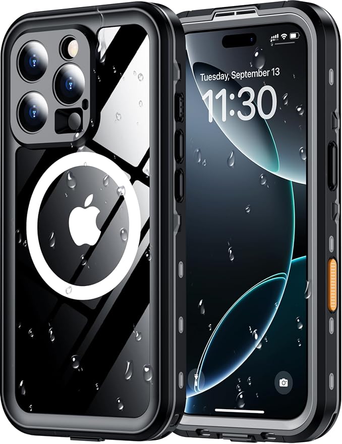 Red2Fire for iPhone 16 Pro Max Case Waterproof, [Built-in Screen Protector & Camera Protector][Compatible with MagSafe][Full Body Shockproof][IP68 Waterproof][Dustproof] Phone Case 6.9" Black/Clear