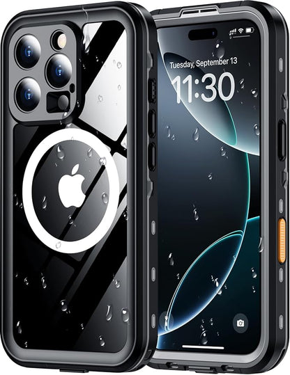 Red2Fire for iPhone 16 Pro Max Case Waterproof, [Built-in Screen Protector & Camera Protector][Compatible with MagSafe][Full Body Shockproof][IP68 Waterproof][Dustproof] Phone Case 6.9" Black/Clear