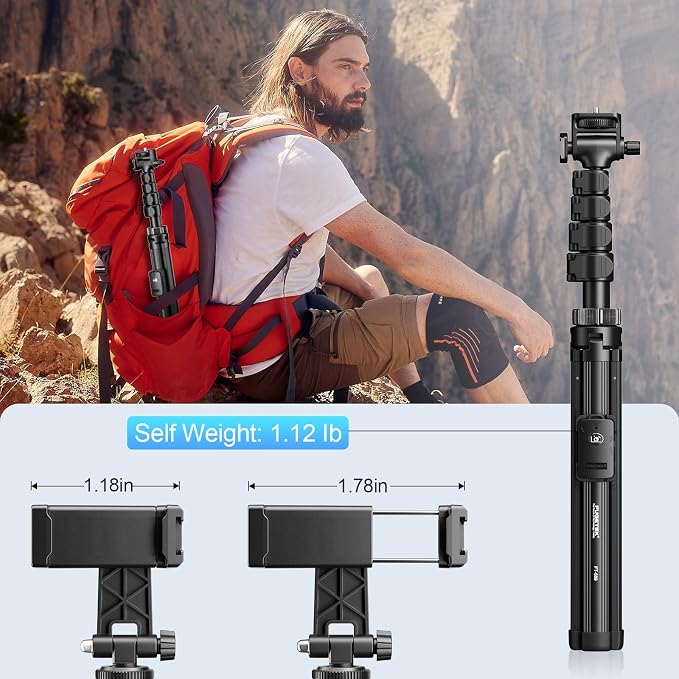 Fugetek 62" Professional Cell Phone Tripod, Ultra Stable 4 Leg Design, Bluetooth Remote, 100% All Aluminum Stick & Legs, Portable All in One, 360° Phone Mount with 2 Cold Shoe Slots, Non Skid Feet