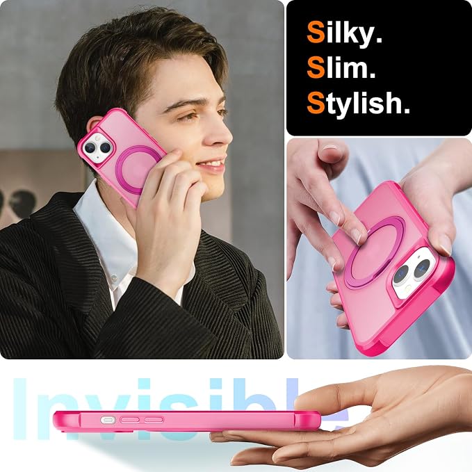 360° Magnetic Swivel Ring for iPhone 15 case, Built-in Metal Stand and Ring Holder, Magsafe Compatible, Military Grade Protection, Shock Resistant - Rose Pink