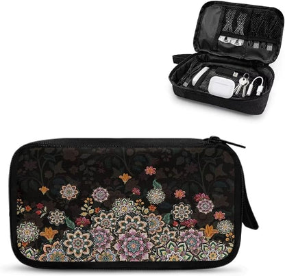 Boho Flower Print Electronic Organizer Travel Universal Accessories Storage Bag Portable for Hard Drives, Cables, Memory Sticks, Charger, Phone, USB, SD Cards
